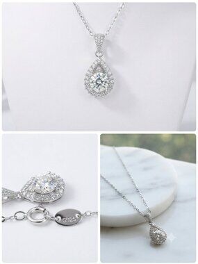 NWT | Pear Moissanite 2ctw Halo Pendant Necklace 925 Sterling Silver 17.5"